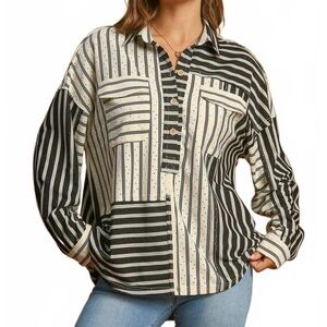 Umgee | Pointelle Striped Half Button Collared Neck Top, Size L